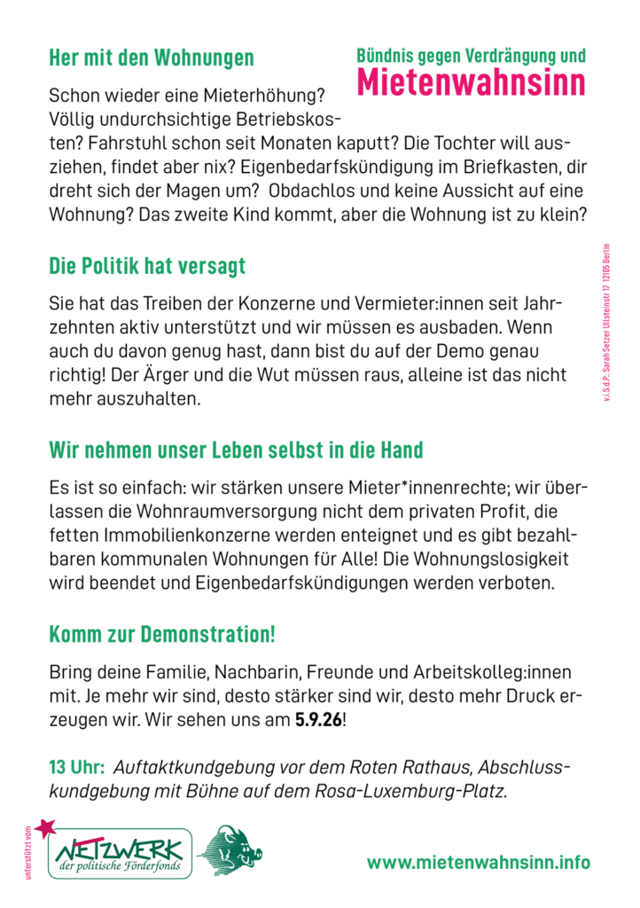 Rückseite des Flyers für den 5.9. mit Aufruftext